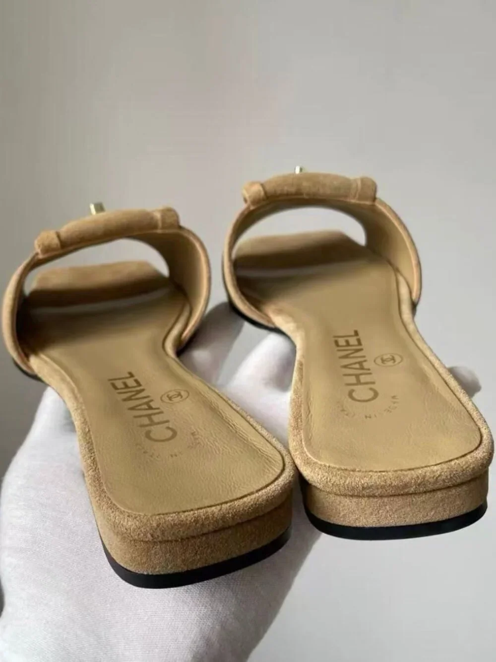 Chanel Beige Suede CC Turn‑Lock Square Toe Slide Sandals